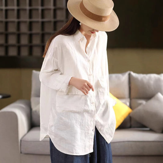 Linen Shirt Women Vintage Sand-Washed Mid-Length Large Pocket Loose Cardigan Outerwear Top