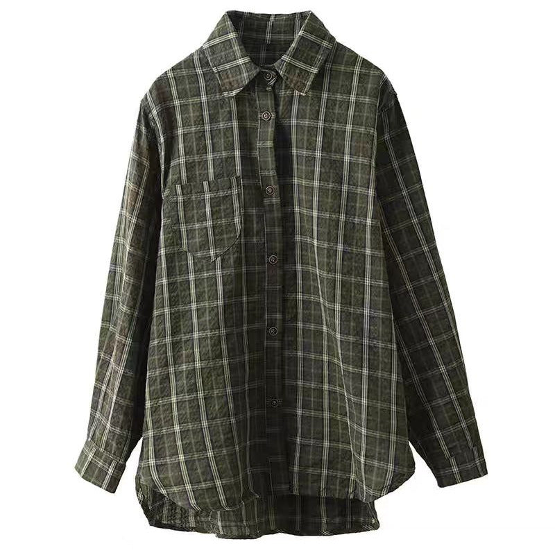 Spring New Literary Texture Cotton Blouse Women's Color Woven Plaid Long Sleeve Shirt Cardigan Top