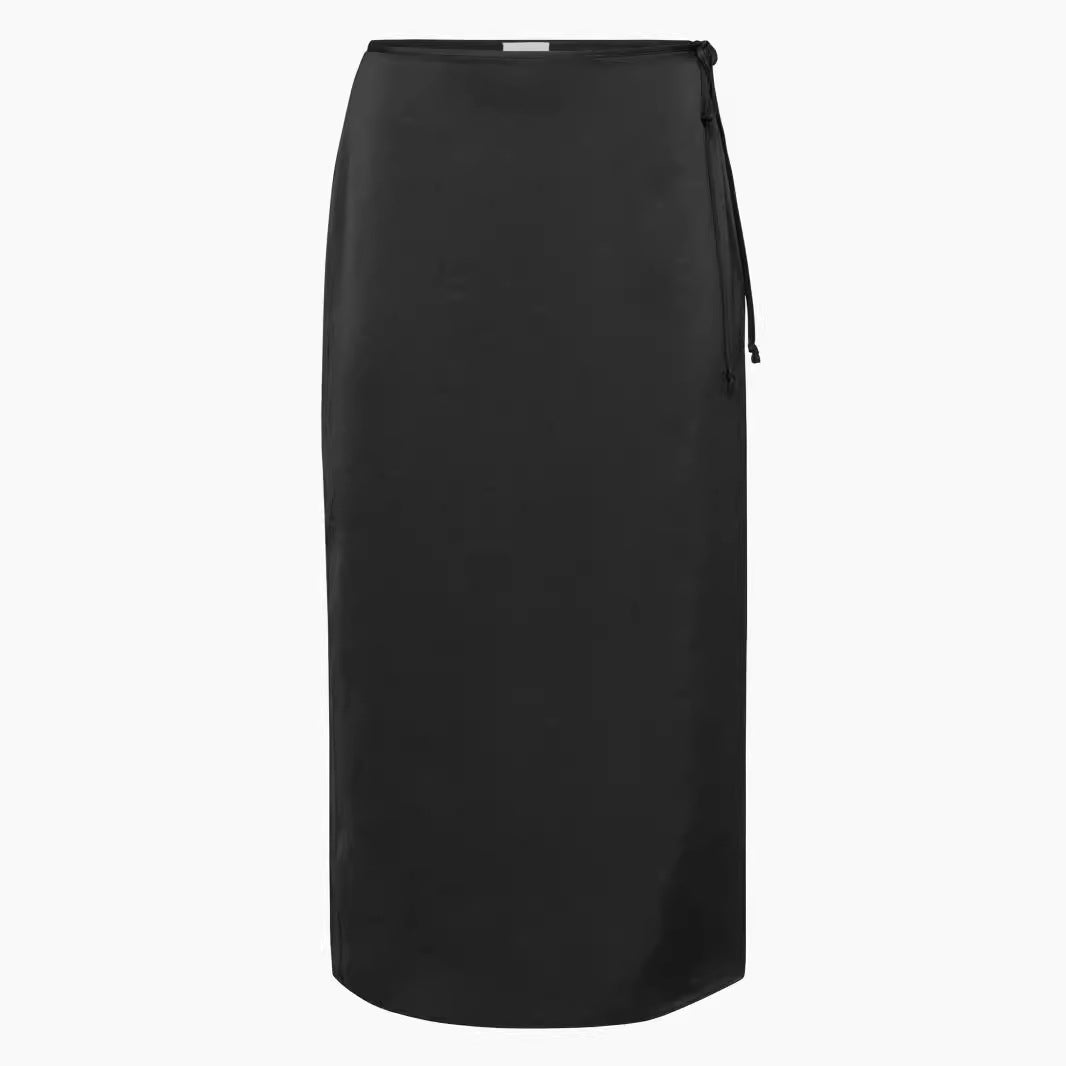 Women's Belted Skirt High Waist Slit Straight Skirt
