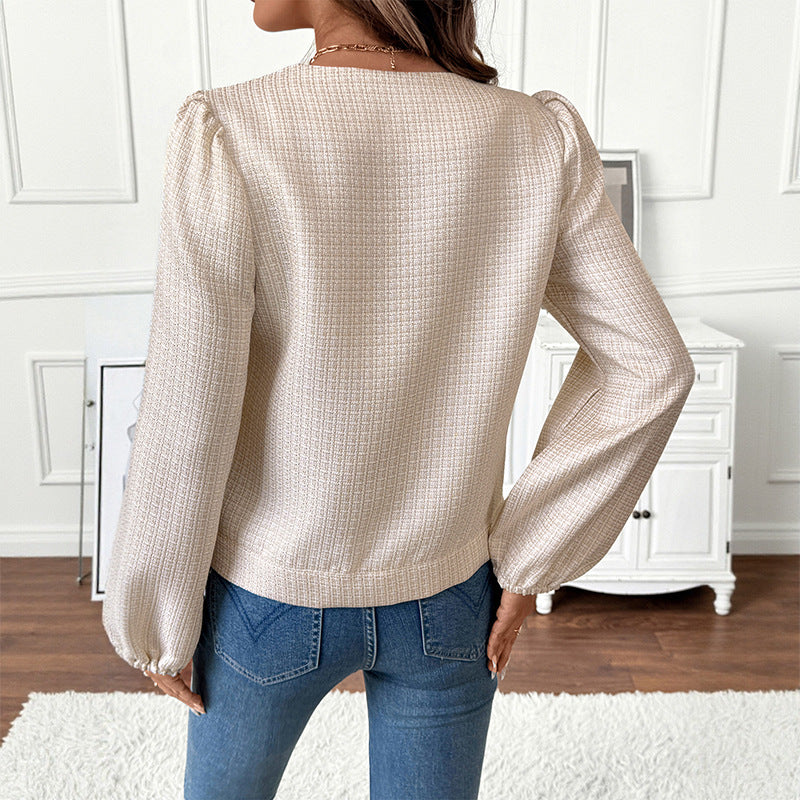 Round neck single breasted pocket loose long sleeved jacket for women