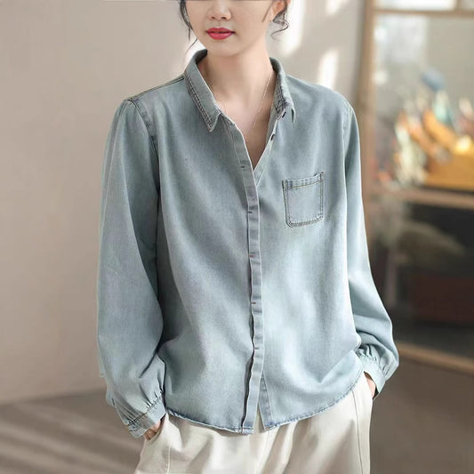 Spring New Denim Shirt Fashion Solid Color Denim Cotton Turn-down Collar High-end Women's Cardigan