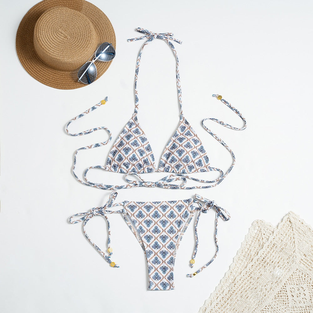 Cross-border New Plaid Printed Strap Separated Swimsuit Women's European and American Backless Sexy Bikini