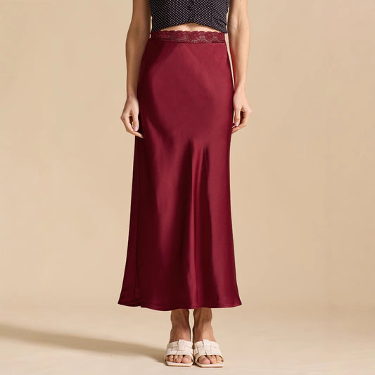 Lace Waist Satin Skirt  Elastic Fitted Long Skirt Women