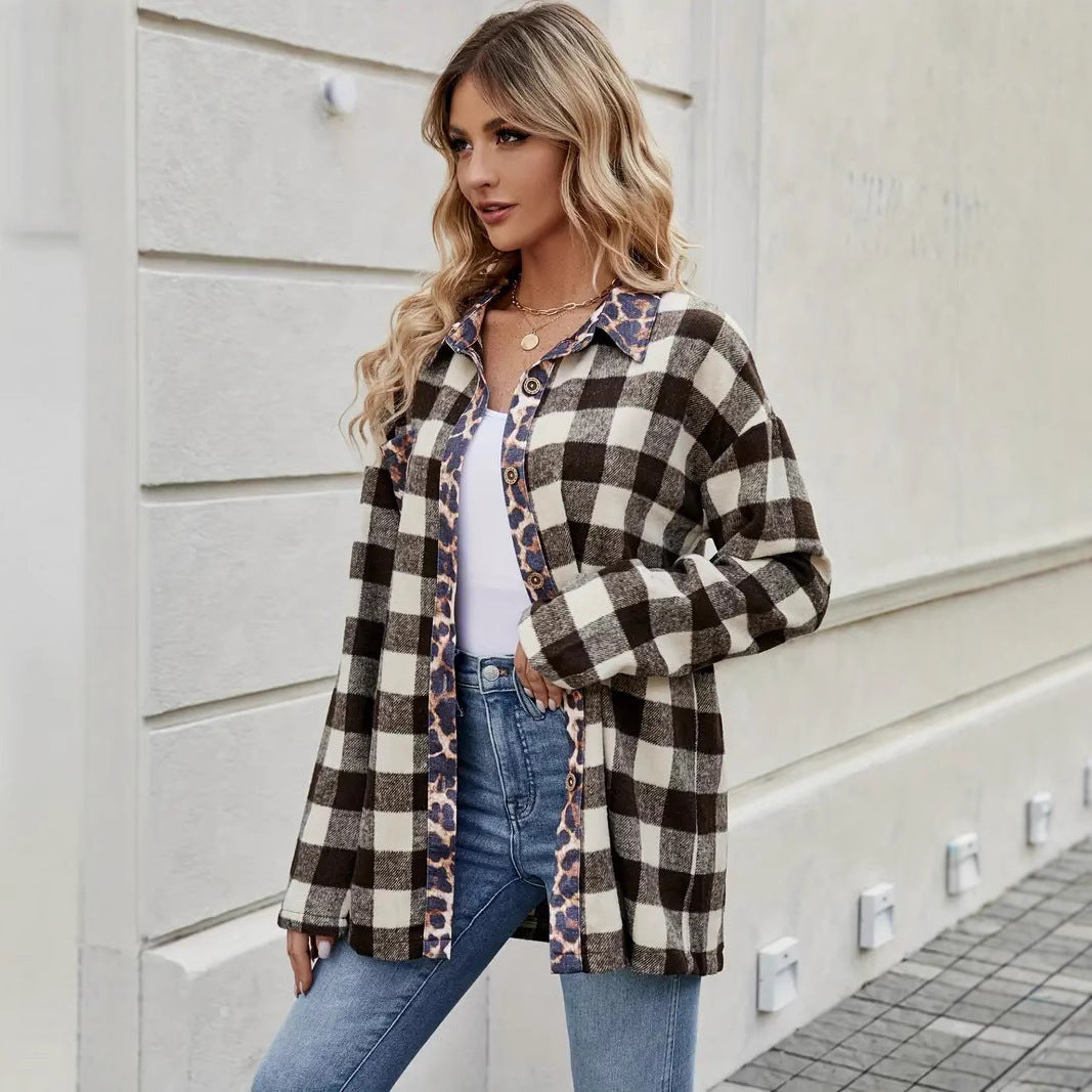 Autumn Houndstooth Leopard Print Contrast Color Plaid Long Sleeve Shirt Women's Clothing