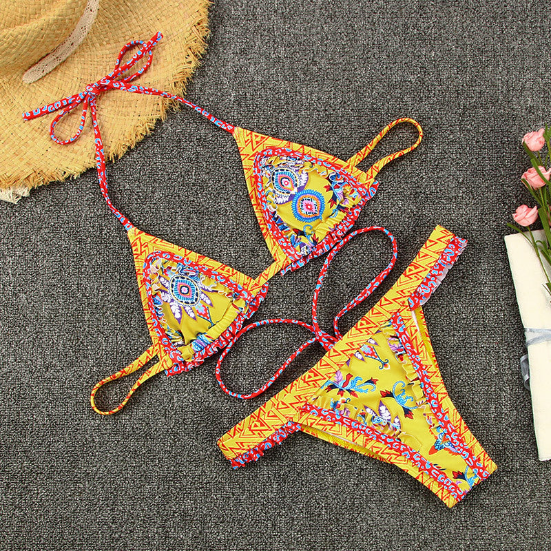 Cross-border Strap Separate Swimsuit for Women Sexy Splicing Backless Printed Bikini