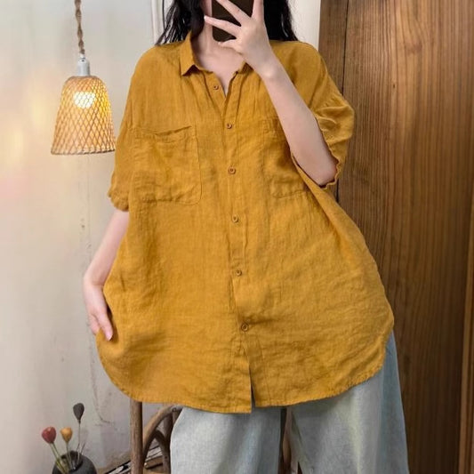 Casual Versatile Sand-Washed Linen Buttoned Short-Sleeved Shirt with Turn-Down Collar for Women
