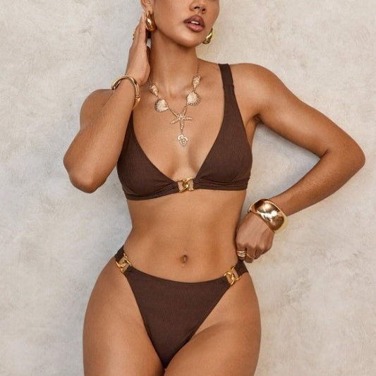 Seductive Metallic Solid Color Two-Piece Bikini for Beach Vacation