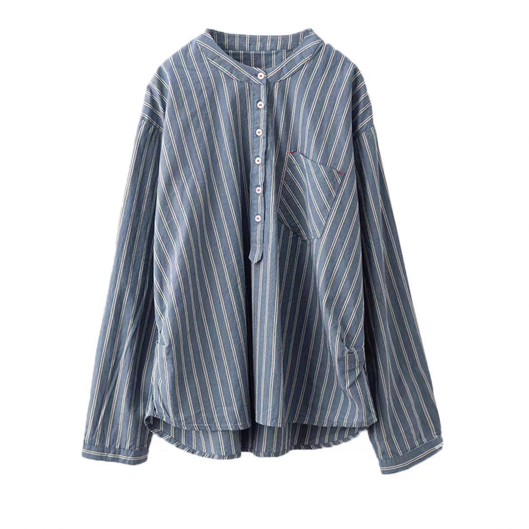 Vintage Vertical Striped Cotton Shirt Women's Handmade Embroidered Long Sleeve Top