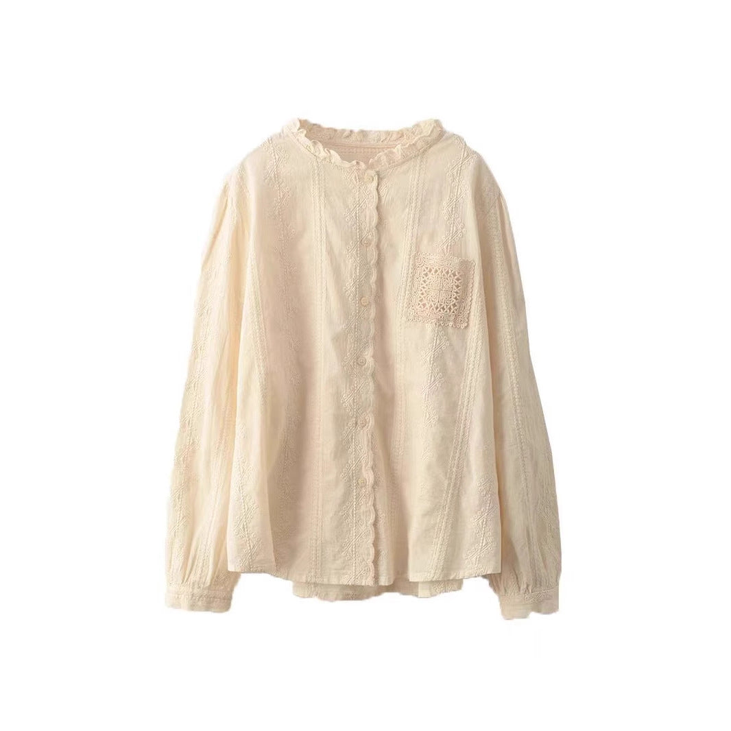 Vintage Embroidered Cotton Blouse Women's Literary Ruffled Collar Shirt Long Sleeve Top