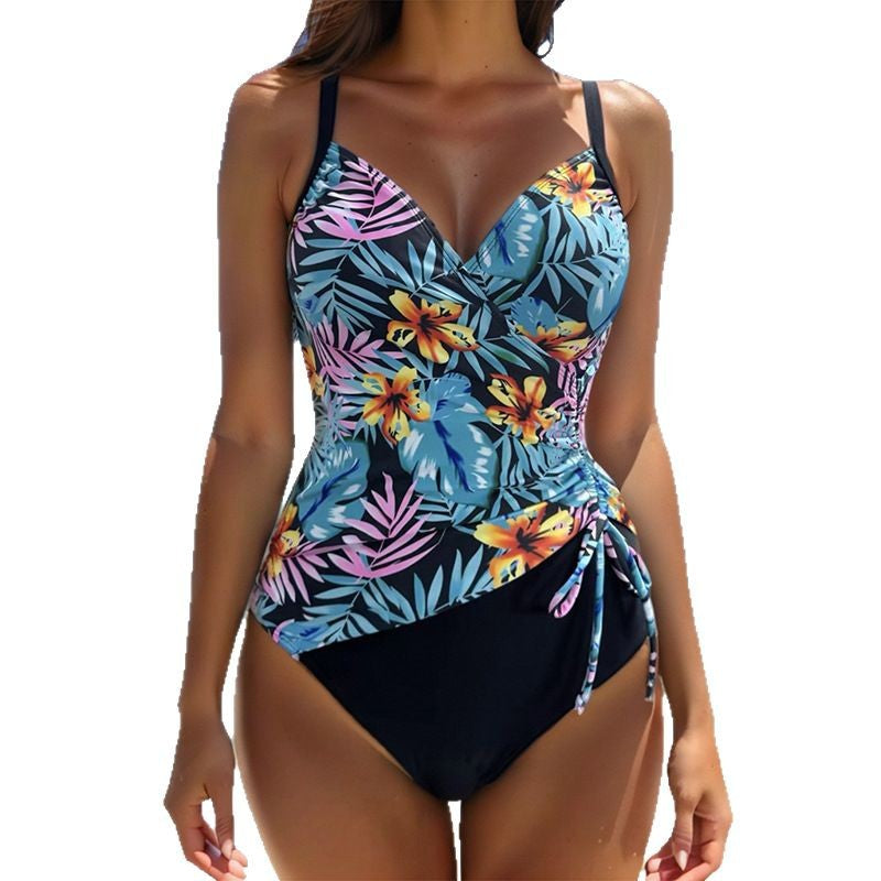 One-Piece Printed Solid Color Drawstring Gathered Slimming Sexy Bikini Women's