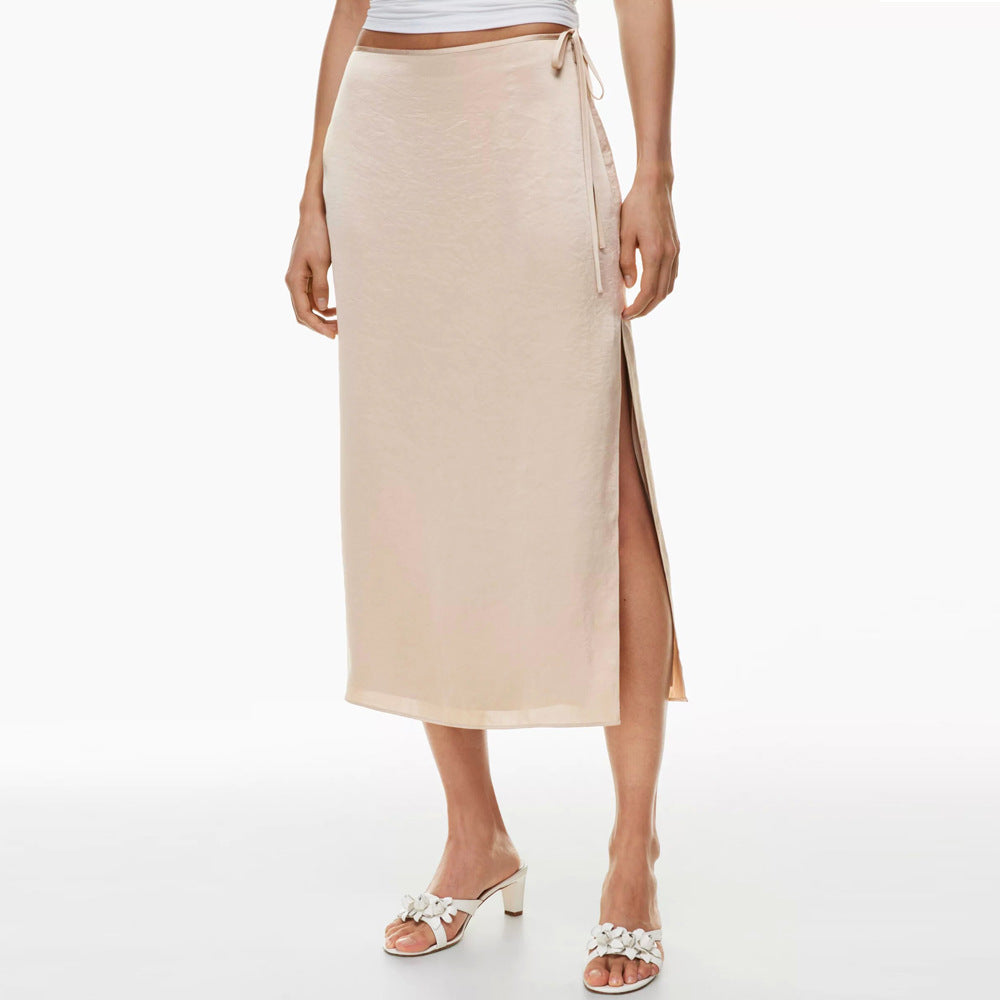 Women's Belted Skirt High Waist Slit Straight Skirt