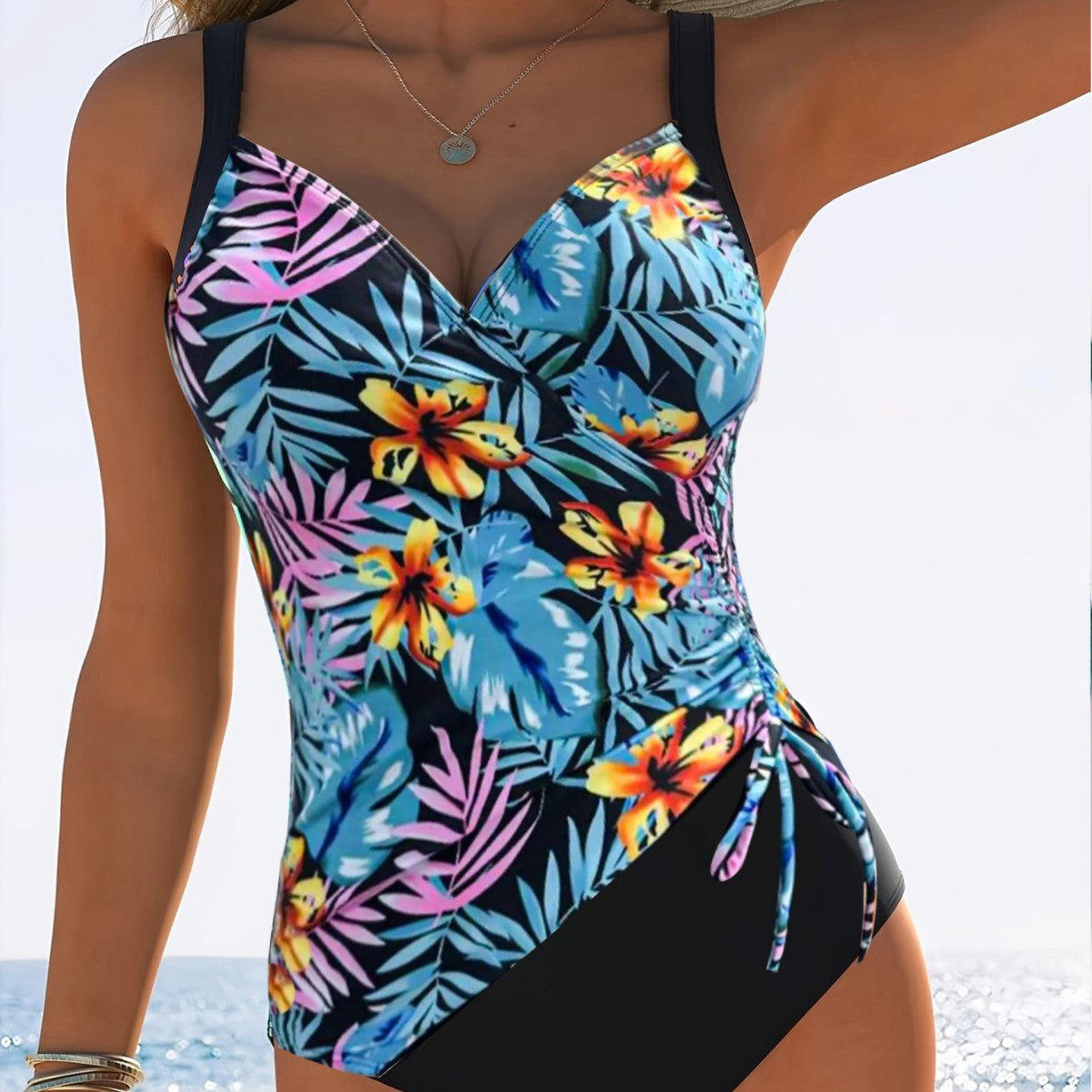 One-Piece Printed Solid Color Drawstring Gathered Slimming Sexy Bikini Women's