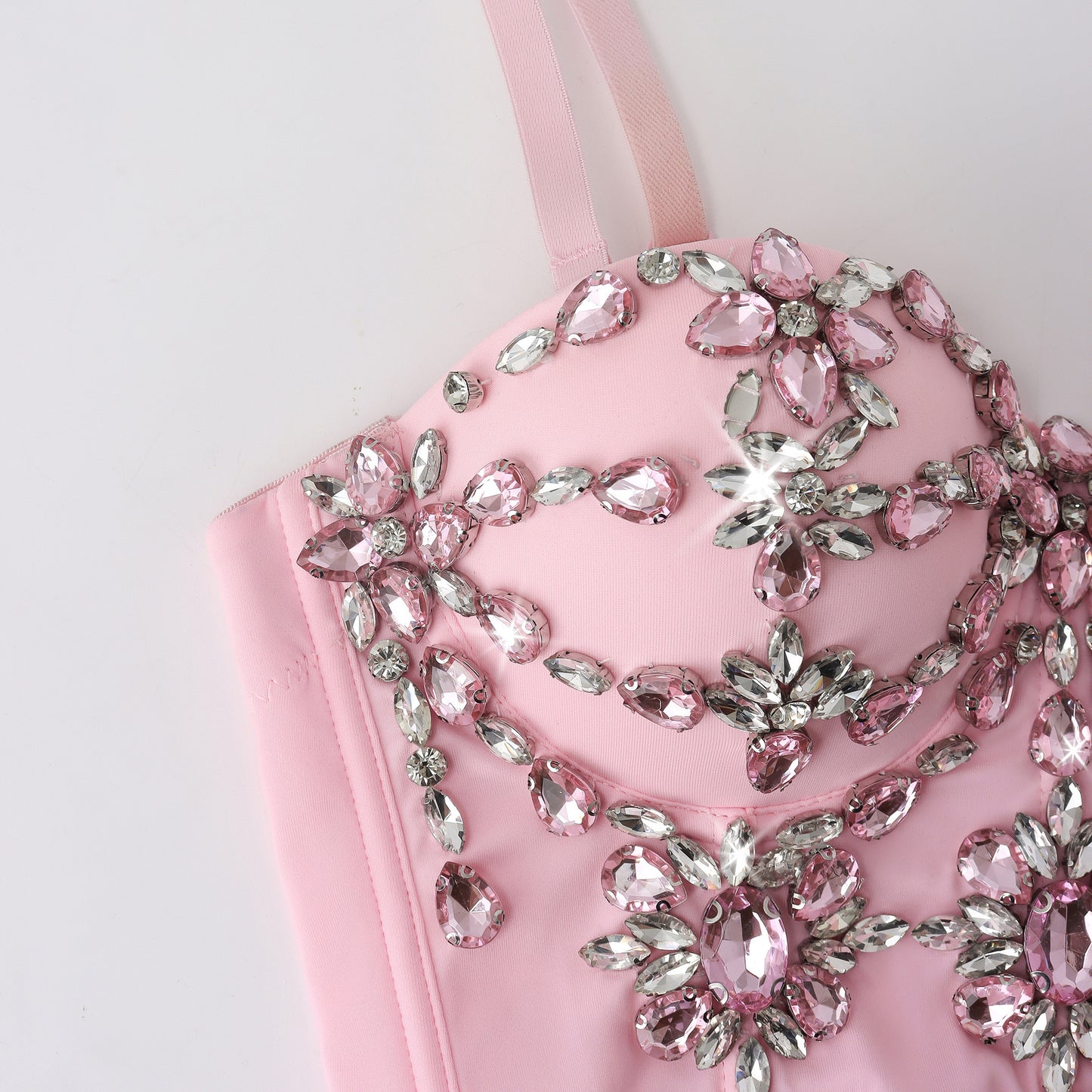 Worn Outside Pink Rhinestone Embroidery Heavy Work Bustier Sexy Fitted Strapless