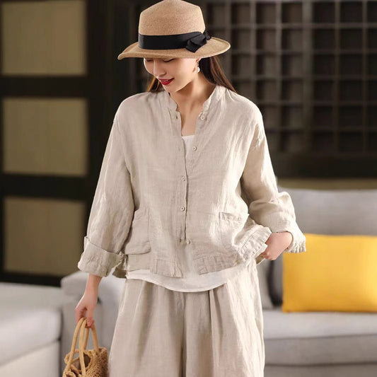 Spring New Color Sand-Washed Linen Shirt Elegant Stand Collar Long Sleeve Blouse Single Breasted Open Cardigan Top