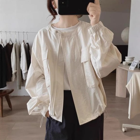 Round Neck Shirt Women's Spring Autumn New Loose Slimming Korean Version Simple Unique Design Age-Reducing Pocket Top