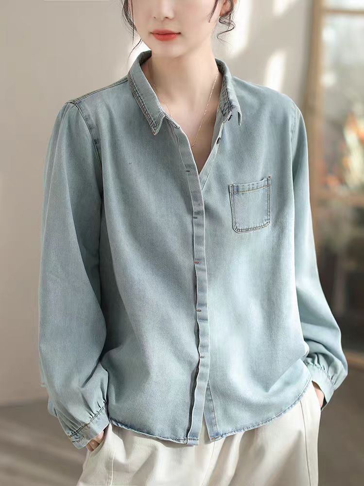 Spring New Denim Shirt Fashion Solid Color Denim Cotton Turn-down Collar High-end Women's Cardigan