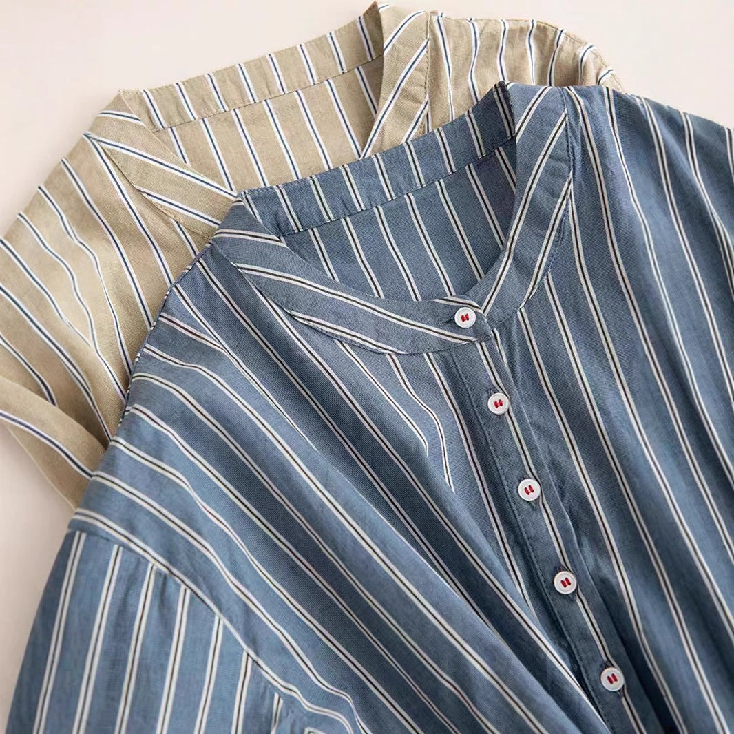 Vintage Vertical Striped Cotton Shirt Women's Handmade Embroidered Long Sleeve Top