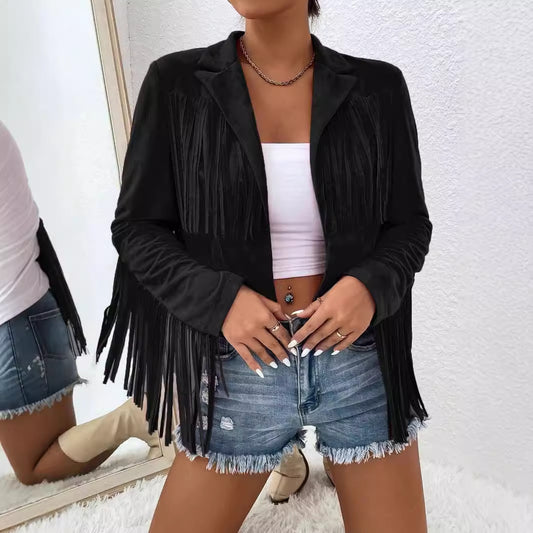 Women's Autumn and Winter New Slim Printed Tassel Long Sleeve Jacket Warm