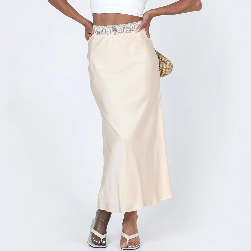 Lace Waist Satin Skirt  Elastic Fitted Long Skirt Women