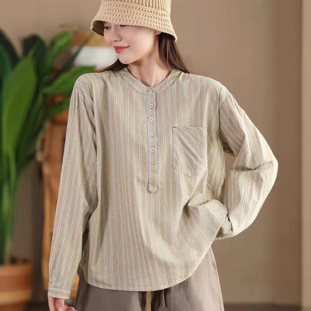 Vintage Vertical Striped Cotton Shirt Women's Handmade Embroidered Long Sleeve Top