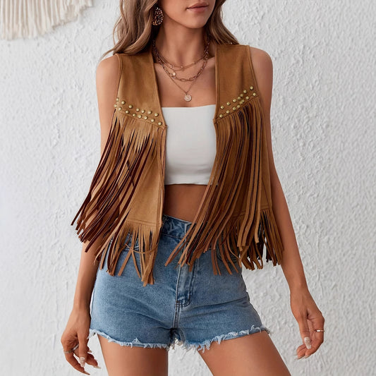 Women's Metal Stud Tassel Decorated Cardigan Vest Imitation Suede Summer Jacket