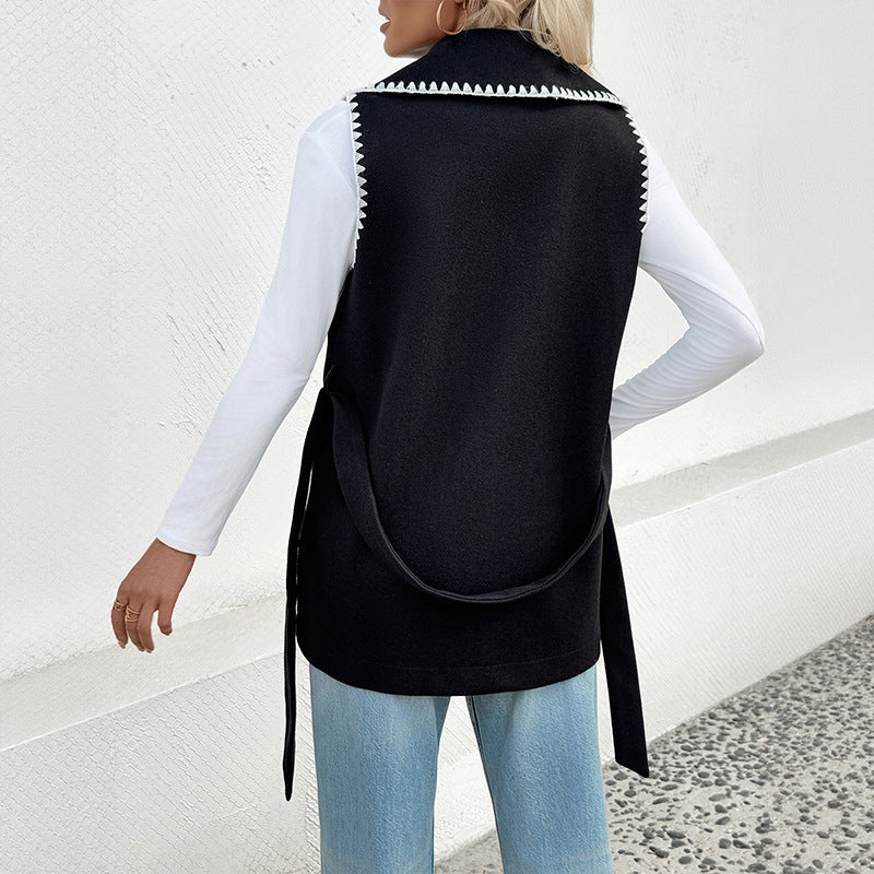 Belted Cardigan Collar Colorblock Trim Vest Jacket Women