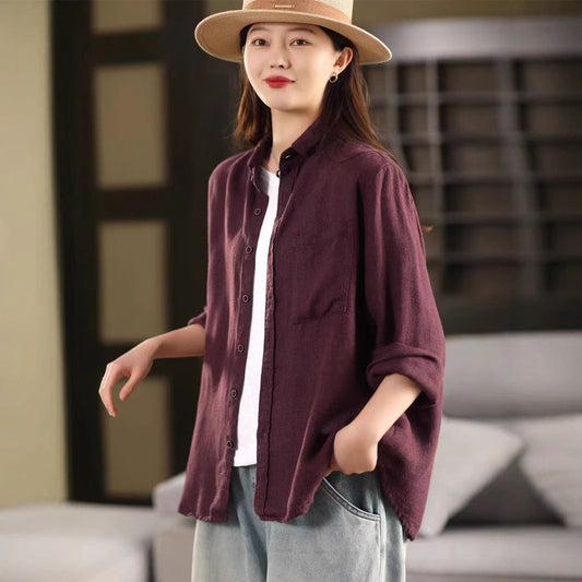 Vintage Washed Hemp Shirt Jacket for Women - Retro Collar Long Sleeve Casual Outerwear