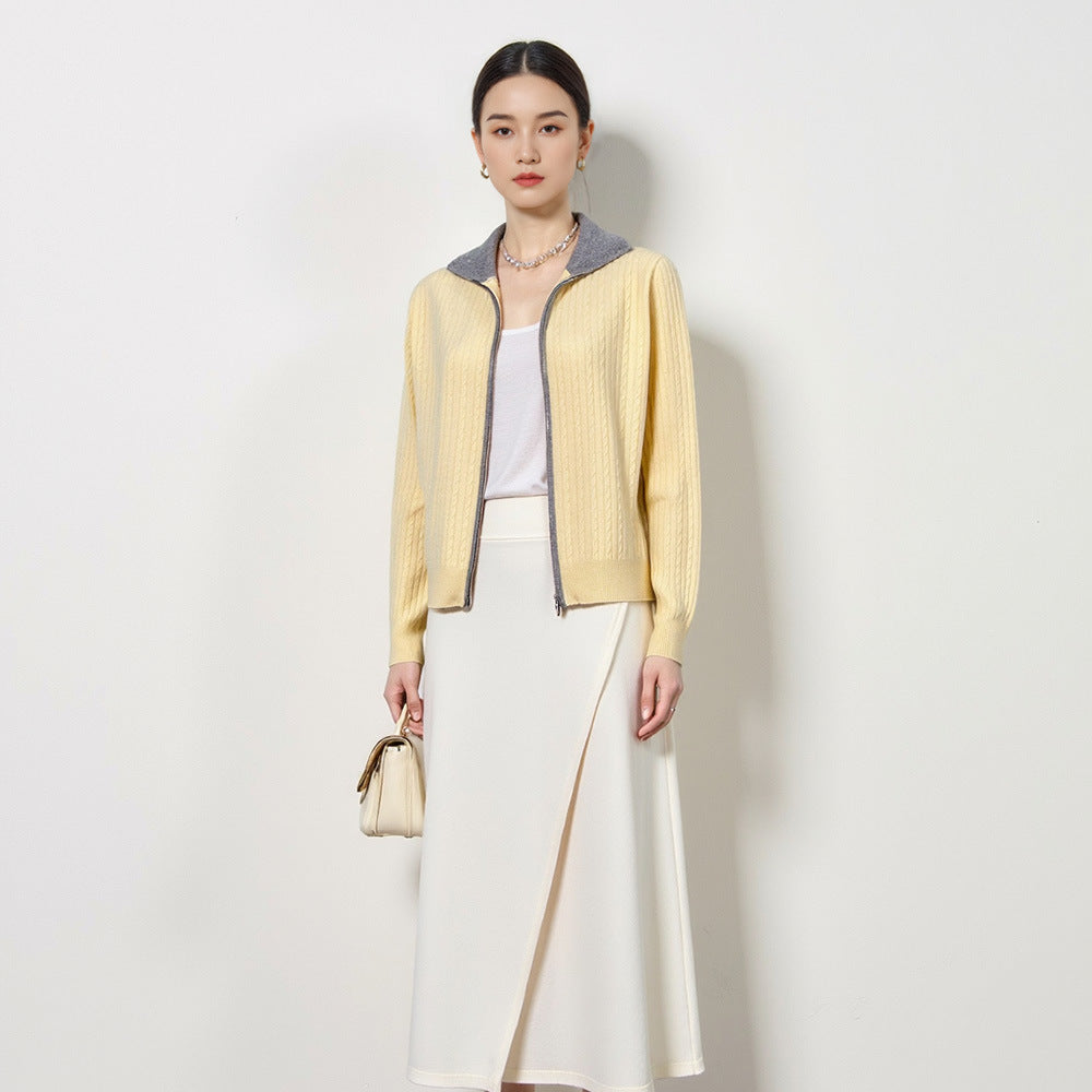 Elegant Contrast Color Knit Cardigan Women's Versatile Comfortable Turn-Down Collar Long Sleeve Cable Knit Sweater Jacket