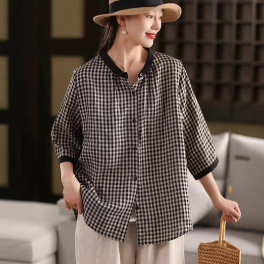 Retro Color Woven Plaid Hemp Shirt with Contrast Collar and Single-Breasted Buttons