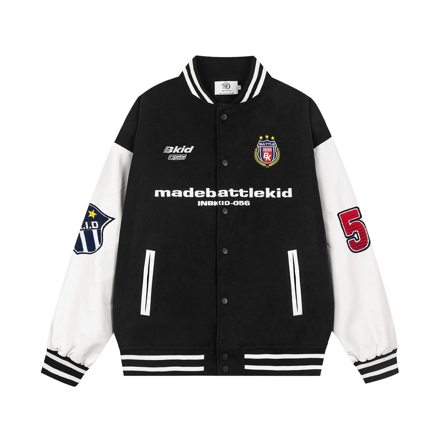 Alphabet PU leather patchwork contrasting baseball jersey
