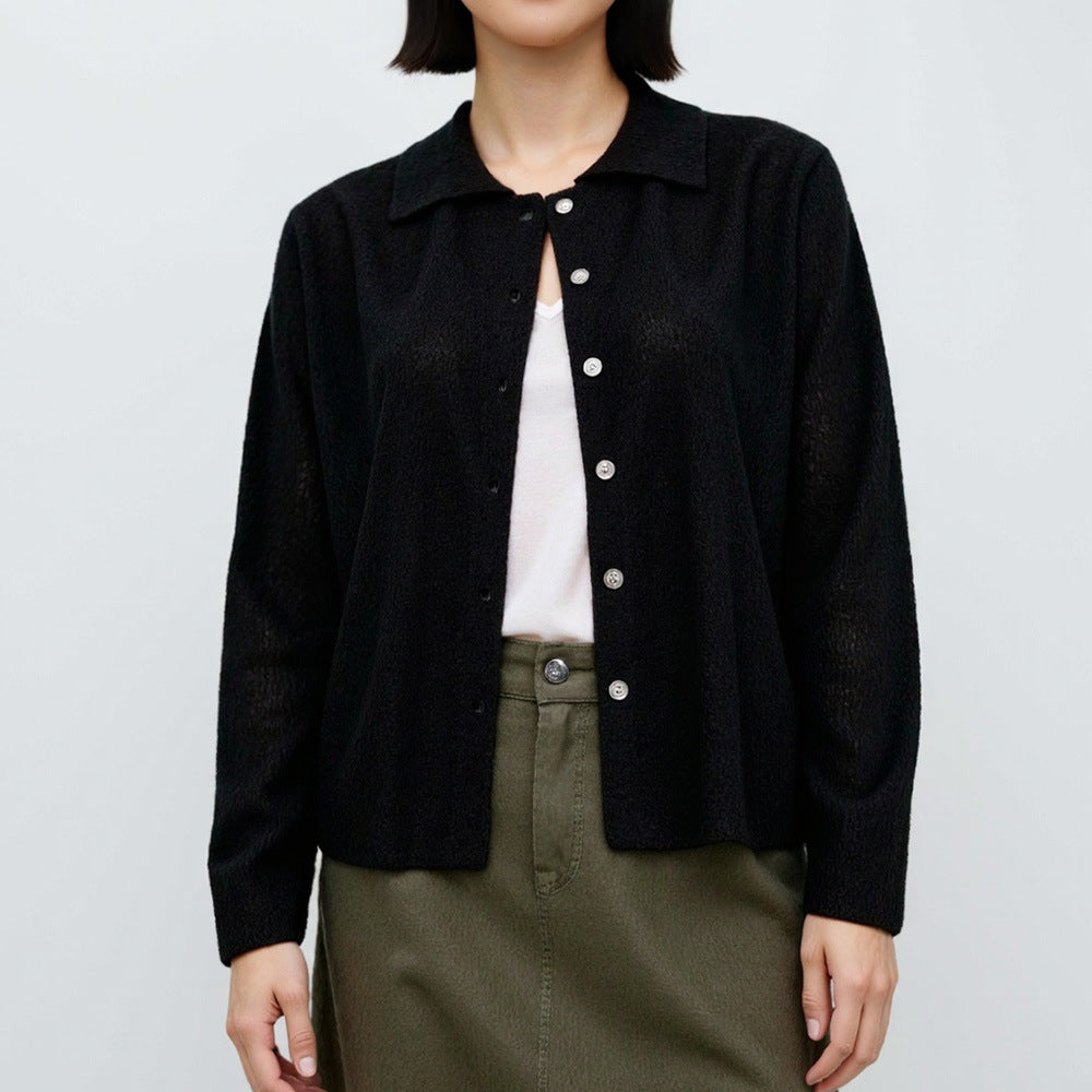 Knitted Sweater Women's Lapel Loose High-Grade Long-Sleeved Cardigan Shirt Thin Woolen Coat