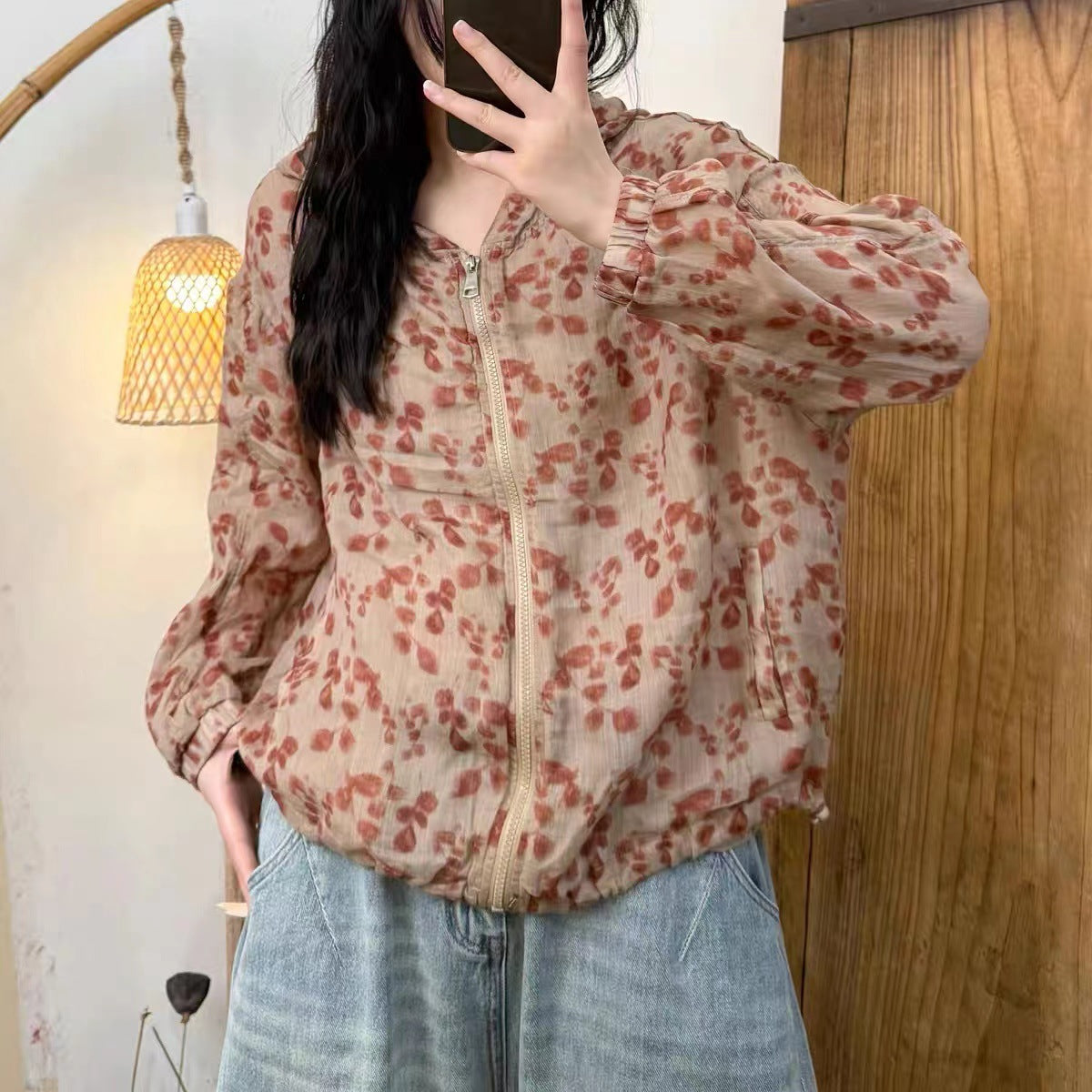 All-Match Digital Print Design Zipper Hooded Ramie Sunscreen Jacket Women