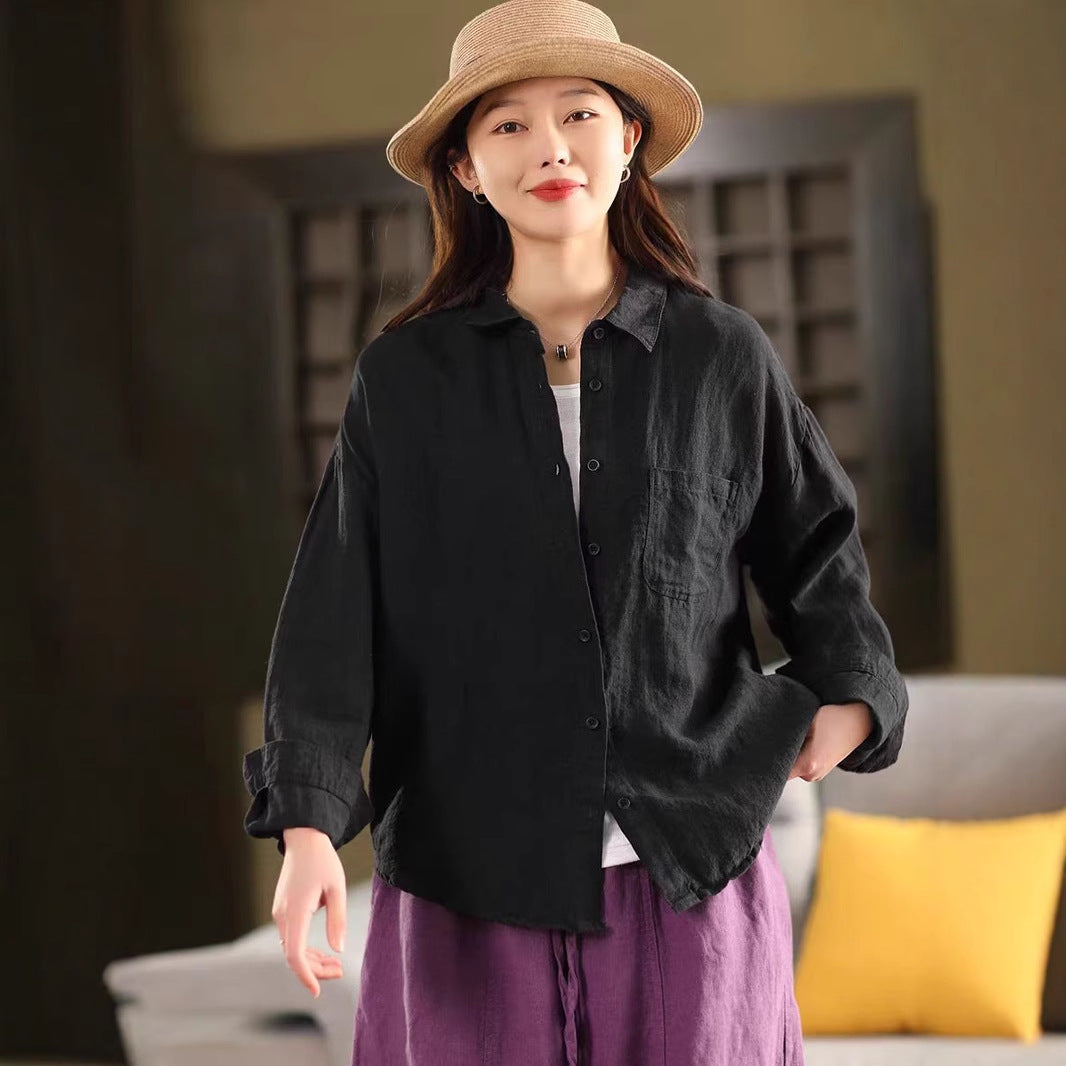 Heavy Washed Linen Shirt Jacket for Women - Elegant Notched Collar Long Sleeve Blouse Cardigan