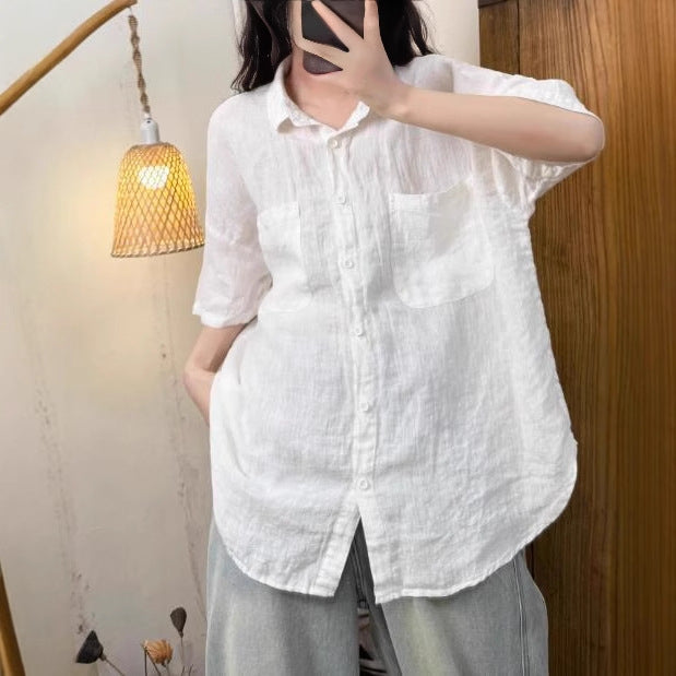 Casual Versatile Sand-Washed Linen Buttoned Short-Sleeved Shirt with Turn-Down Collar for Women