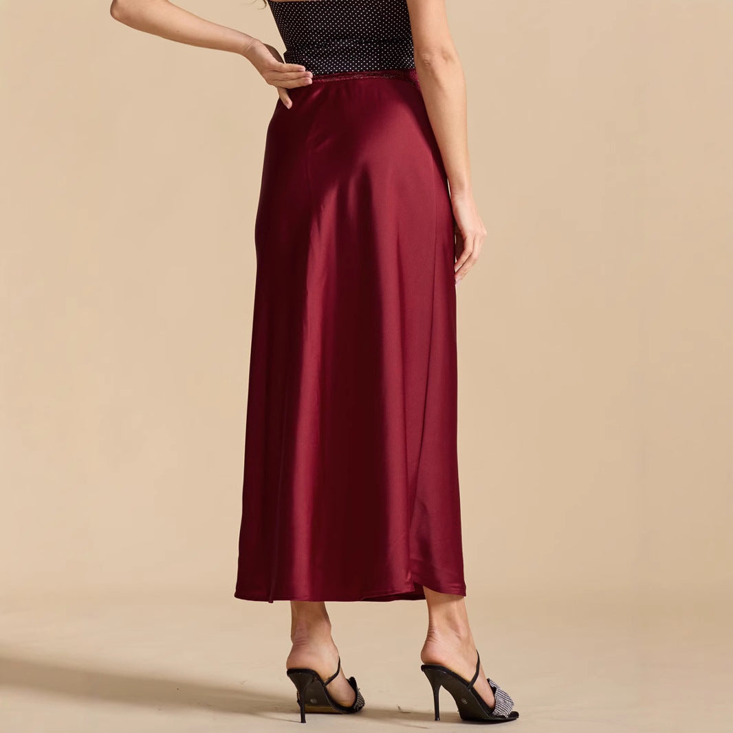 Lace Waist Satin Skirt  Elastic Fitted Long Skirt Women