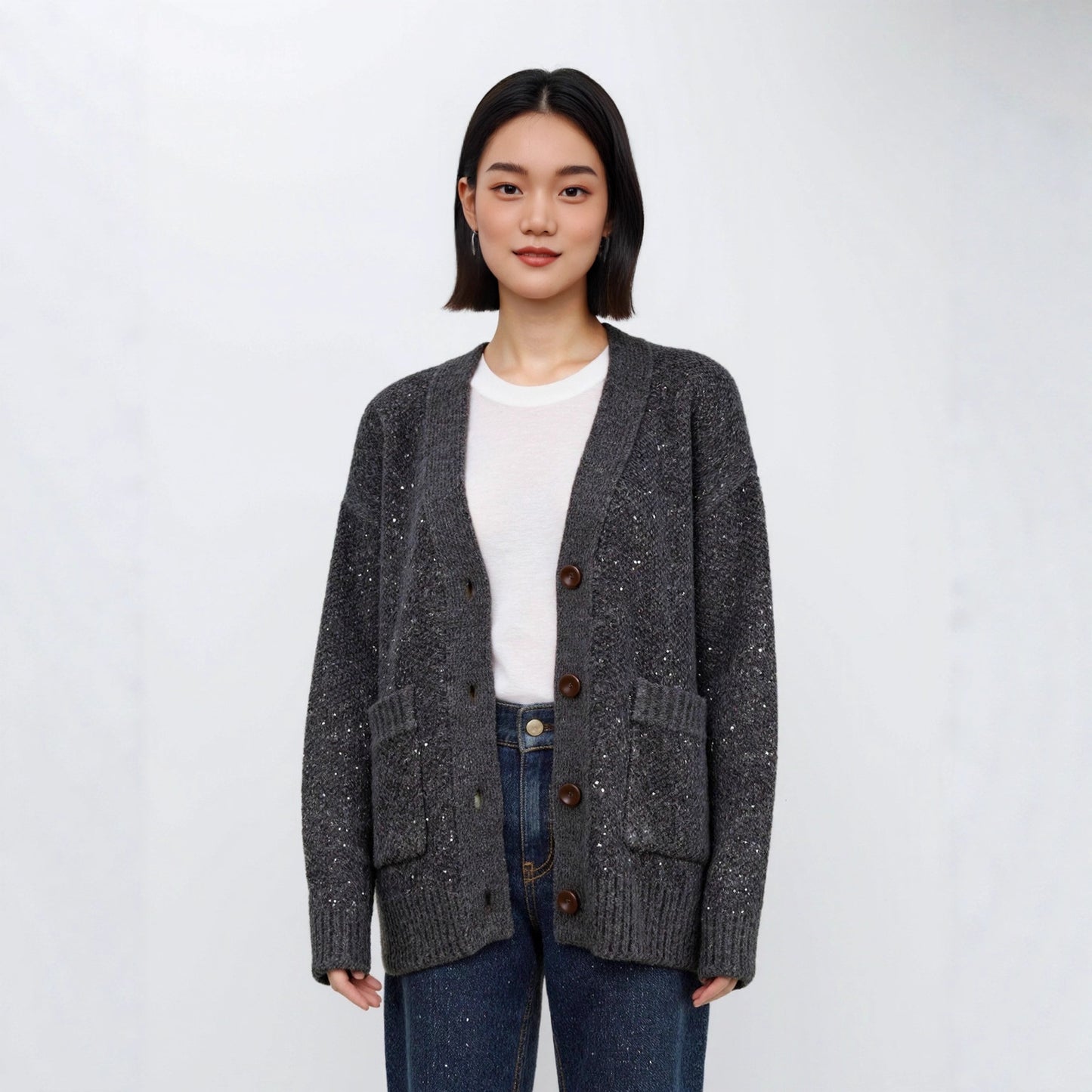 Sequin Design Long Sleeve Sweater Knit Cardigan Women's Heavyweight Thick Casual Loose Top