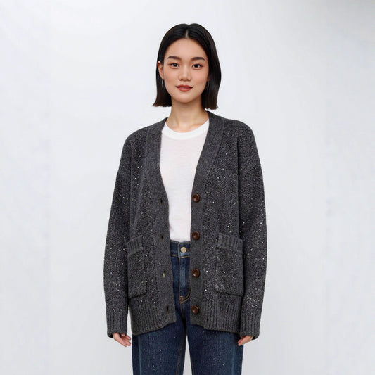 Sequin Design Long Sleeve Sweater Knit Cardigan Women's Heavyweight Thick Casual Loose Top
