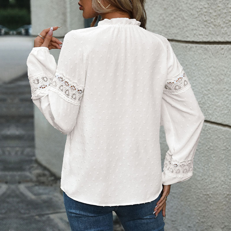 Lace Cut-out Ruffled White Shirt For Women