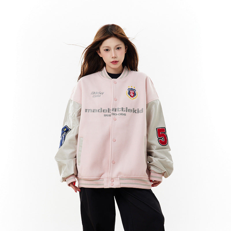 Alphabet PU leather patchwork contrasting baseball jersey