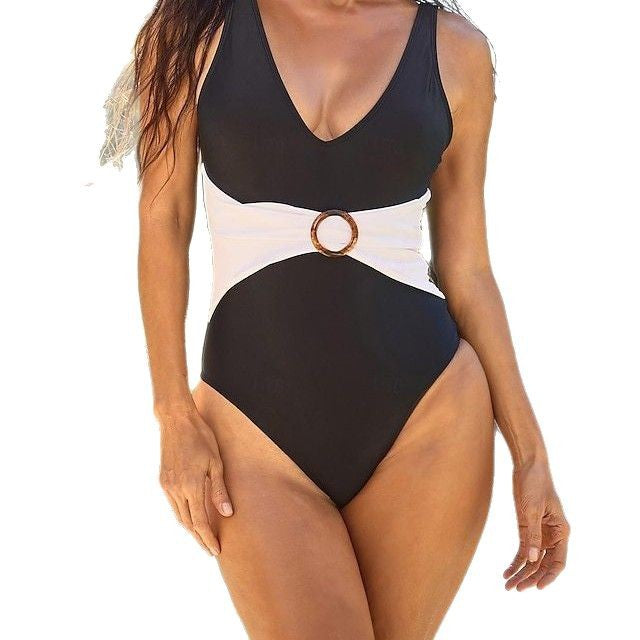 Sexy Color-Block Halter One-Piece Sleeveless Padded Swimsuit