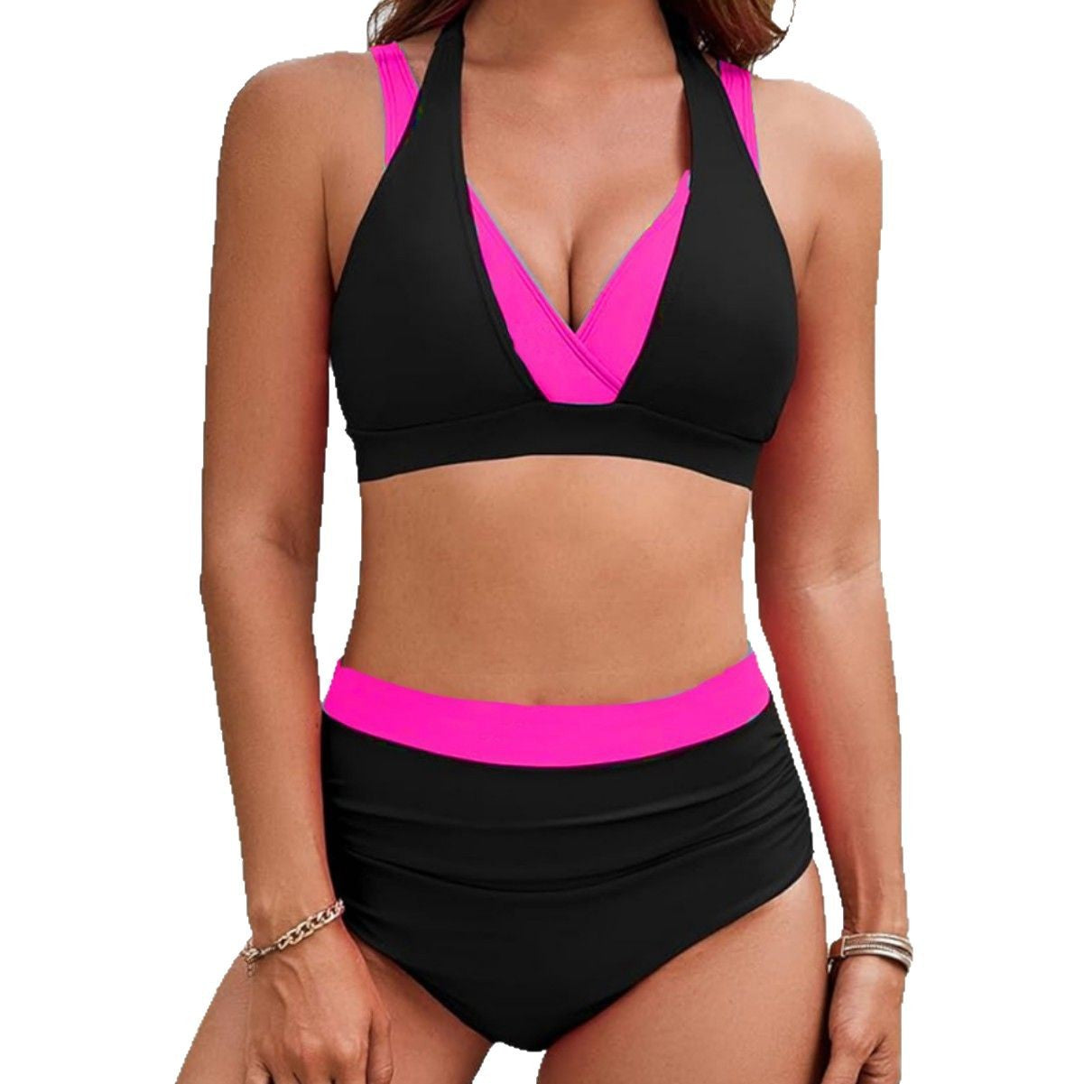 Color-blocked Halter High-waisted Sexy Bikini Two-piece Swimsuit for Women