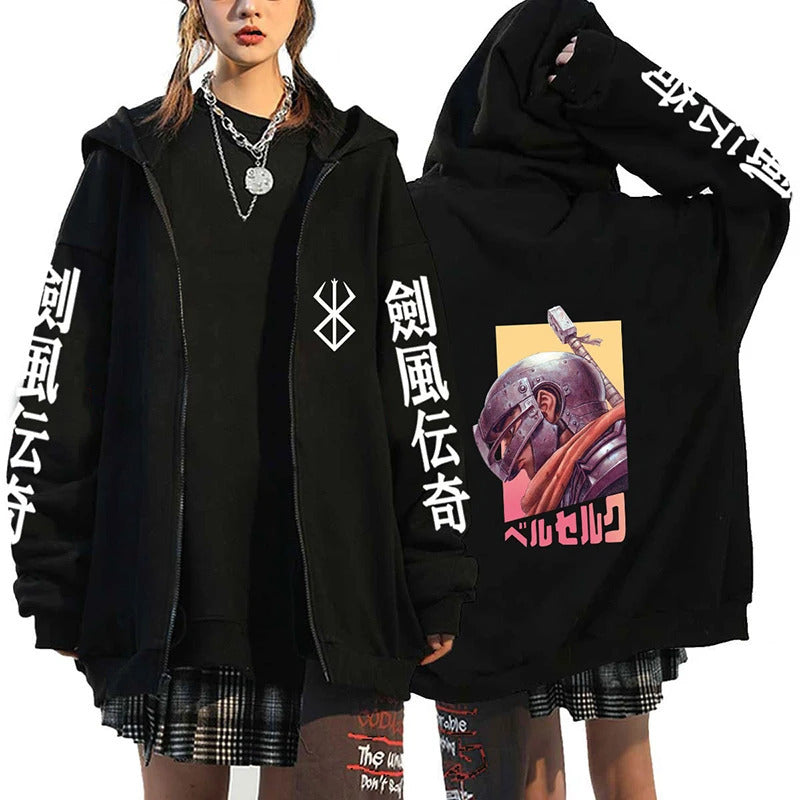 Anime Berserk Pattern Printed Hooded Sweatshirt for Men and Women Long Sleeve Casual Zip-Up Top