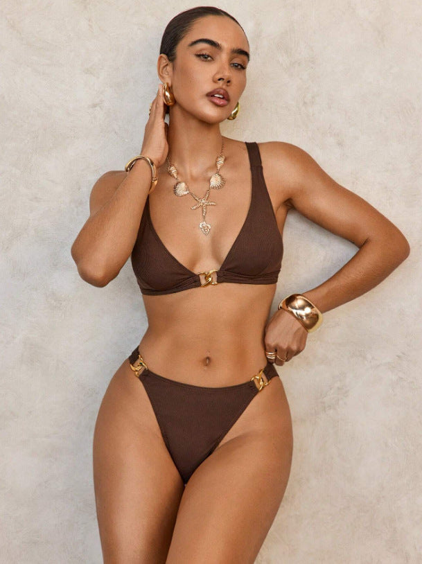 Seductive Metallic Solid Color Two-Piece Bikini for Beach Vacation