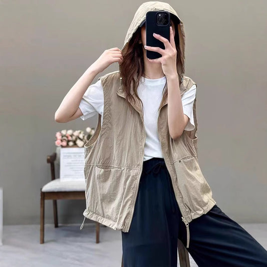 Spring and Summer Lightweight Breathable Outdoor Sports Casual Two-Way Wear Hooded Vest for Women Fashion Versatile Waistcoat Outerwear