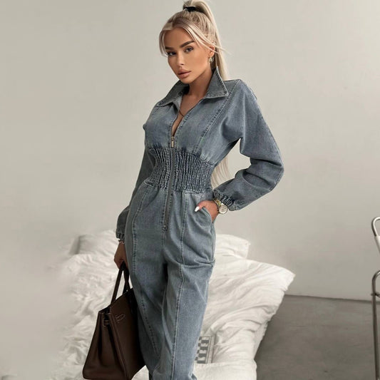 Youthful Washed Denim Jumpsuit Women's High-Grade Long Pants Style