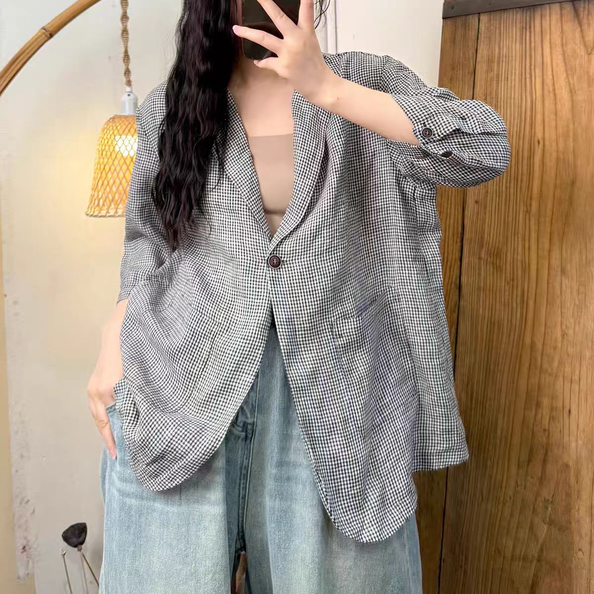 Casual Versatile Simple Color Woven Linen Plaid Button-Down Notched Collar Blazer Women