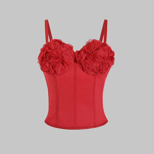 Layer Outerwear Red Three-Dimensional Flower Long Fitted Waist-Slimming