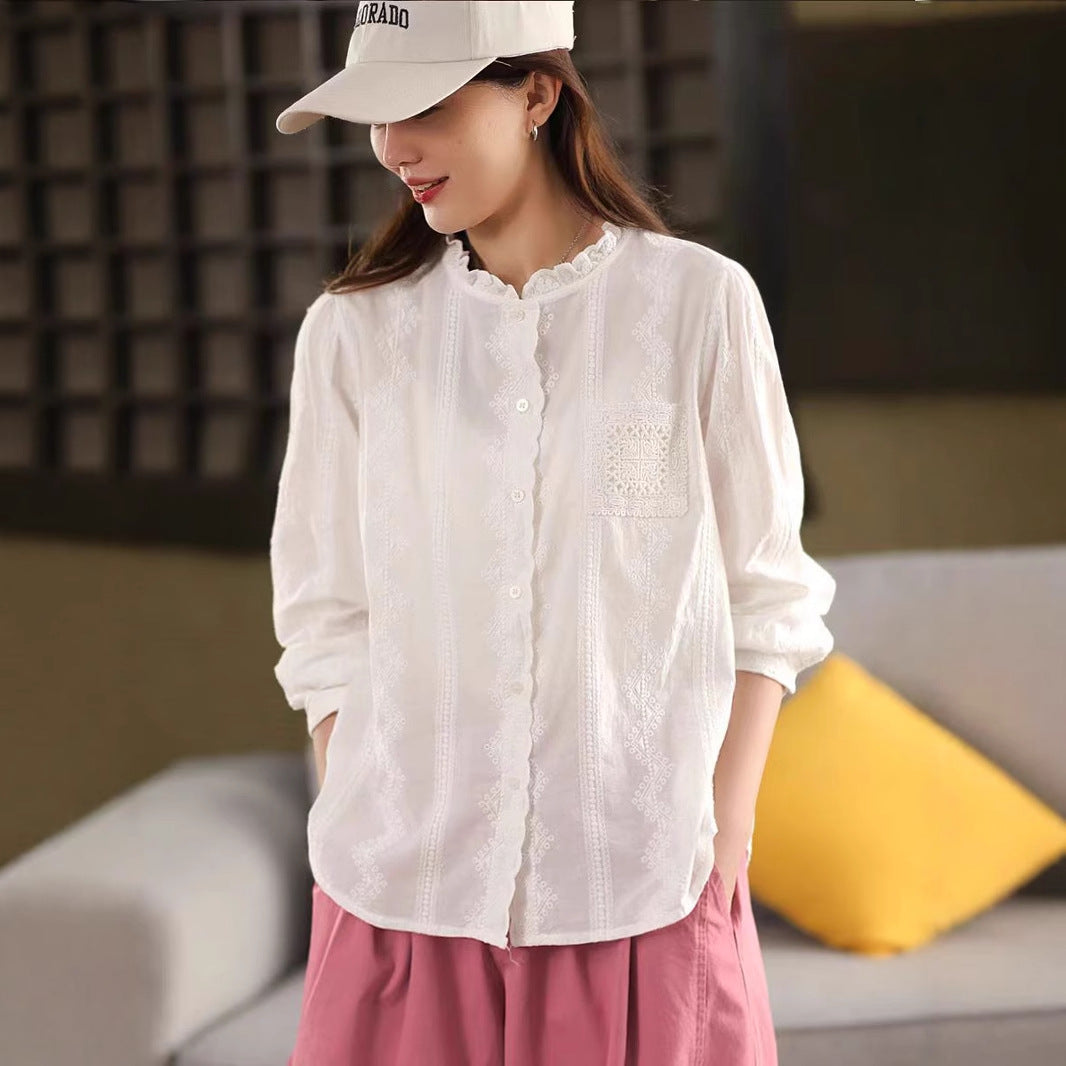 Vintage Embroidered Cotton Blouse Women's Literary Ruffled Collar Shirt Long Sleeve Top