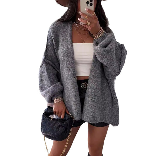 Loose solid color medium length knitted sweater cardigan jacket