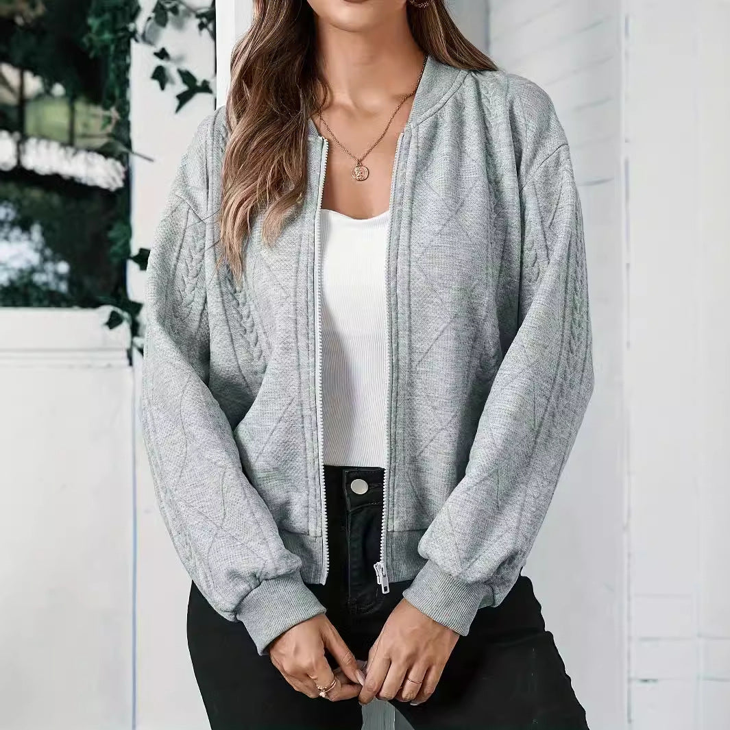 Women's Solid Color Zipper Long Sleeve Loose Jacket Casual Versatile
